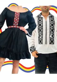 Set Cuplu Traditional 327 Camasa Traditionala si Rochie cu motive traditionale imagine