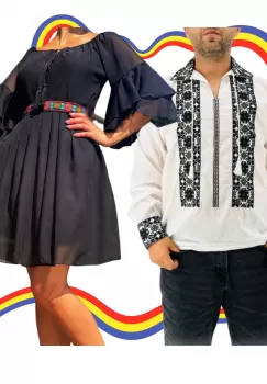 Set Cuplu Traditional 328 Camasa Traditionala si Rochie cu motive traditionale imagine