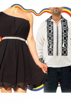 Set Cuplu Traditional 329 Camasa Traditionala si Rochie cu motive traditionale imagine