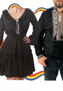 Set Cuplu Traditional 332 Camasa Traditionala si Rochie cu motive traditionale imagine