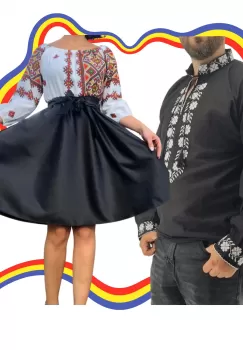 Set Cuplu Traditional 337 Camasa Traditionala si Rochie cu motive traditionale imagine