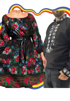 Set Cuplu Traditional 341 Camasa Traditionala si Rochie cu motive traditionale imagine
