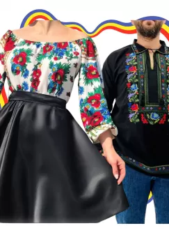 Set Cuplu Traditional 342 Camasa Traditionala si Rochie cu motive traditionale imagine