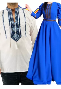 Set Cuplu Traditional 344 Camasa Traditionala si Rochie cu motive traditionale imagine