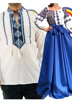 Set Cuplu Traditional 345 Camasa Traditionala si Rochie cu motive traditionale imagine