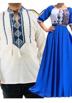 Set Cuplu Traditional 346 Camasa Traditionala si Rochie cu motive traditionale imagine