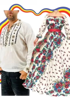 Set Cuplu Traditional 348 Camasa Traditionala si Rochie cu motive traditionale imagine