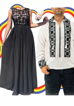 Set Cuplu Traditional 349 Camasa Traditionala si Rochie cu motive traditionale imagine