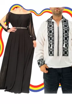 Set Cuplu Traditional 350 Camasa Traditionala si Rochie cu motive traditionale imagine