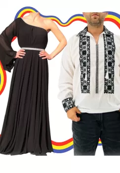 Set Cuplu Traditional 352 Camasa Traditionala si Rochie cu motive traditionale imagine