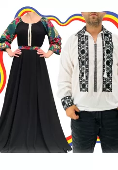 Set Cuplu Traditional 353 Camasa Traditionala si Rochie cu motive traditionale imagine