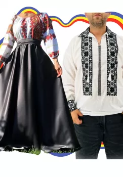 Set Cuplu Traditional 354 Camasa Traditionala si Rochie cu motive traditionale imagine