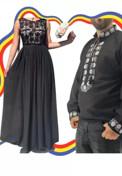 Set Cuplu Traditional 357 Camasa Traditionala si Rochie cu motive traditionale imagine