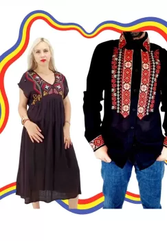 Set Cuplu Traditional 378 Camasa Traditionala si Rochie Traditionala imagine