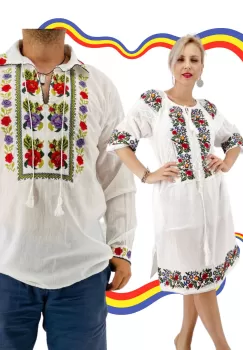 Set Cuplu Traditional 383 Camasa Traditionala si Rochie Traditionala imagine