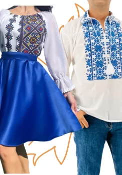 Set Cuplu Traditional 401 Camasa Traditionala si Rochie cu motive traditionale imagine