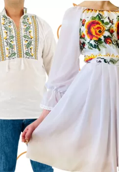 Set Cuplu Traditional 403 Camasa Traditionala si Rochie cu motive traditionale imagine