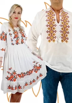 Set Cuplu Traditional 411 Camasa Traditionala si Rochie Traditionala imagine
