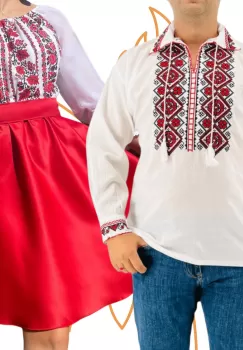 Set Cuplu Traditional 414 Camasa Traditionala si Rochie cu motive traditionale imagine
