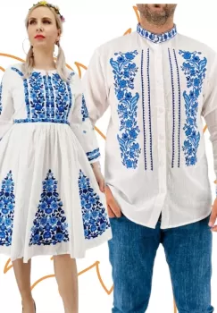 Set Cuplu Traditional 417 Camasa Traditionala si Rochie Traditionala imagine