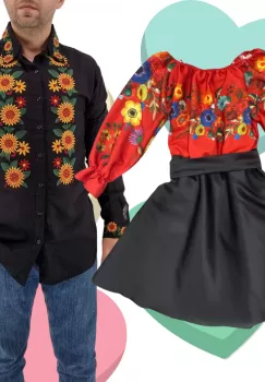 Set Cuplu Traditional 421 Camasa Traditionala si Rochie cu motive traditionale imagine