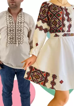 Set Cuplu Traditional 423 Camasa Traditionala si Rochie cu motive traditionale imagine