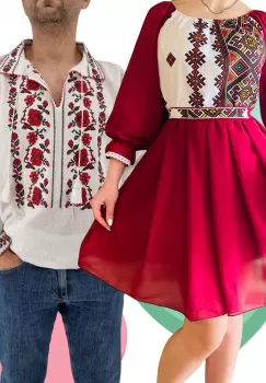 Set Cuplu Traditional 424 Camasa Traditionala si Rochie cu motive traditionale imagine