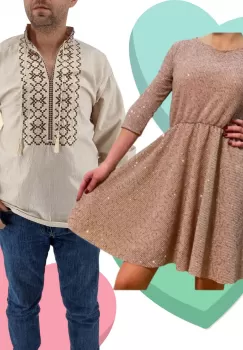 Set Cuplu Traditional 425 Camasa Traditionala si Rochie cu motive traditionale imagine