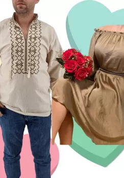 Set Cuplu Traditional 426 Camasa Traditionala si Rochie cu motive traditionale imagine