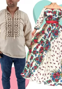 Set Cuplu Traditional 429 Camasa Traditionala si Rochie cu motive traditionale imagine