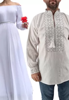 Set Cuplu Traditional 431 Camasa Traditionala si Rochie Lunga Alba imagine