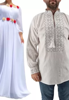 Set Cuplu Traditional 432 Camasa Traditionala si Rochie Lunga Alba imagine