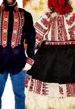 Set Cuplu Traditional 76 Camasa Traditionala si Rochie cu motive traditionale imagine