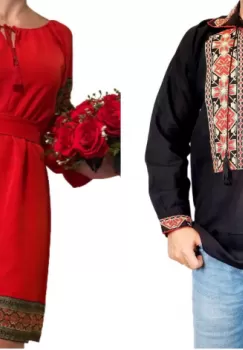 Set Cuplu Traditional 78 Camasa Traditionala si Rochie cu motive traditionale imagine