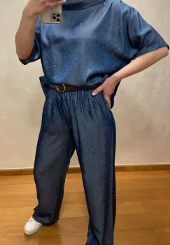 Set dama din denim satinat cu paiete discrete ,   bluza lejera + pantaloni cu talie elastica imagine