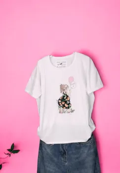 Tricou Dama cu Fetite Alb imagine