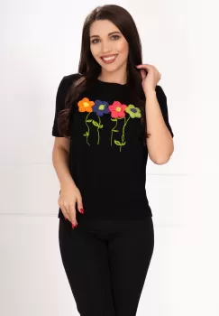 Bluza casual chic neagra cu flori 3D brodate imagine