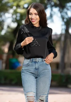 Bluza dama eleganta din voal negru cu guler din organza imagine
