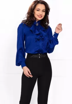Bluza dama eleganta Fofy albastru royal din jakard satinata cu jabou imagine