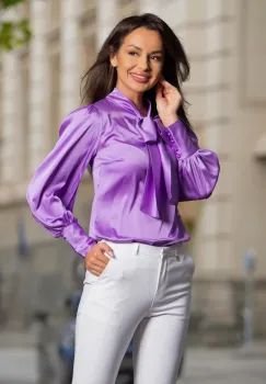 Bluza dama lila din satin cu funda stilizata imagine