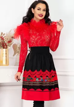 Bluza din dantela Venezia rosie cu guler amplu si volane la umeri imagine