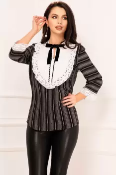 Bluza eleganta Venezia neagra cu dungi cusute si platca alba brodata imagine