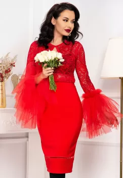 Bluza eleganta Venezia rosie din dantela cu maneci clopot imagine