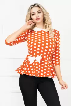 Bluza InPuff caramizie cu buline si peplum cu funda ecru in talie imagine