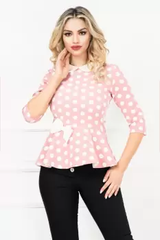 Bluza InPuff roz cu buline si peplum cu funda ecru in talie imagine