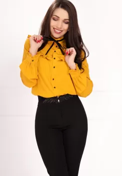 Bluza office mustar din voal cu volanase si funda stilizata din catifea imagine