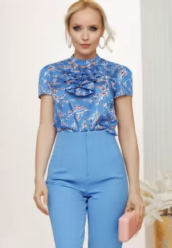 Bluza satinata albastra Fofy cu jabou si imprimeu floral imagine