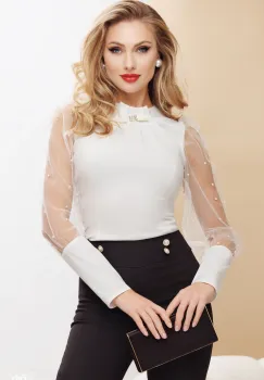 Camasa dama alba cambrata cu maneci din tulle cu perle imagine