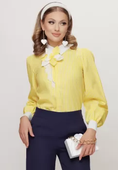 Camasa dama din bumbac galben cu dungi si floare detasabila imagine