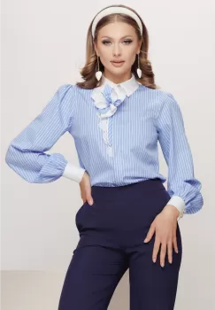Camasa dama office albastra cu dungi si floare detasabila imagine